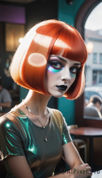 1girl,solo,breasts,looking at viewer,short hair,bangs,shirt,jewelry,sitting,green eyes,upper body,short sleeves,red hair,small breasts,solo focus,shiny,blunt bangs,necklace,orange hair,blurry,black eyes,lips,eyelashes,makeup,blurry background,bob cut,lipstick,eyeshadow,nose,eyeliner,mascara,black lips,collarbone,artist name,indoors,signature,grey eyes,black shirt,colored skin,table,t-shirt,pendant,realistic,facepaint