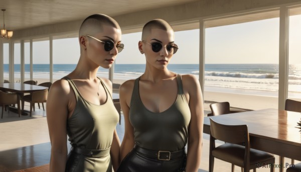 breasts,short hair,multiple girls,2girls,cleavage,bare shoulders,jewelry,medium breasts,closed mouth,collarbone,upper body,earrings,small breasts,sleeveless,day,belt,pants,indoors,water,cup,lips,ocean,chair,beach,table,sunglasses,tank top,black belt,realistic,pool,bald,very short hair,mohawk,cafe,high-waist pants,aviator sunglasses,1boy,sky,looking at another,tattoo,makeup,sunlight,scenery,round eyewear,tinted eyewear,black tank top,looking over eyewear