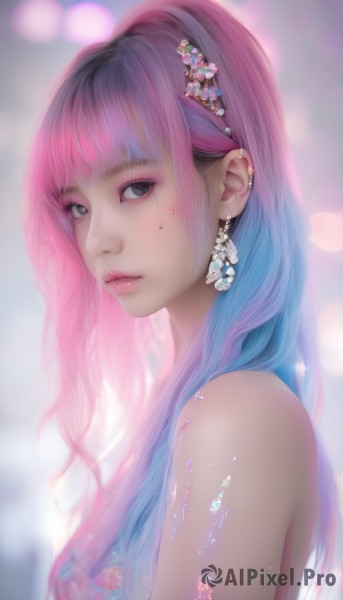 1girl,solo,long hair,looking at viewer,bangs,hair ornament,dress,bare shoulders,jewelry,closed mouth,blue hair,upper body,ponytail,pink hair,multicolored hair,earrings,sleeveless,artist name,mole,blurry,black eyes,from side,two-tone hair,lips,looking to the side,grey eyes,eyelashes,mole under eye,gradient hair,makeup,depth of field,blurry background,piercing,ear piercing,eyeshadow,pink lips,realistic,nose,eyeliner,mascara,blunt bangs,watermark,facial mark,gem,web address,shell hair ornament