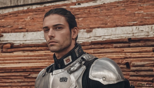 solo,looking at viewer,short hair,brown hair,black hair,1boy,brown eyes,closed mouth,upper body,male focus,dark skin,armor,black eyes,facial hair,shoulder armor,portrait,beard,breastplate,realistic,stubble,animification,brick wall,uniform,military,expressionless,science fiction,pilot suit