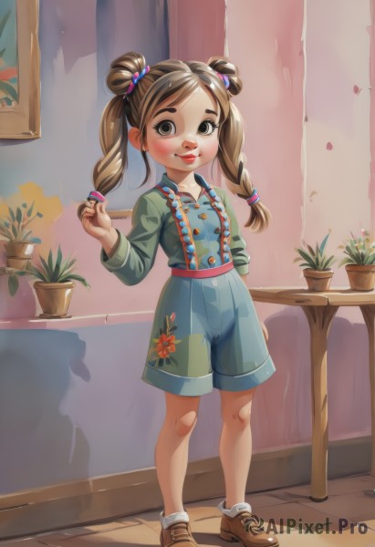 1girl,solo,long hair,looking at viewer,blush,smile,brown hair,shirt,hair ornament,long sleeves,twintails,brown eyes,standing,full body,braid,shoes,shorts,socks,indoors,hair bun,twin braids,lips,double bun,buttons,shadow,brown footwear,floral print,suspenders,plant,white socks,child,blue shorts,green shirt,red lips,female child,potted plant,overalls,holding hair,hair twirling,suspender shorts,playing with own hair,bangs,dress,holding,closed mouth,flower,hand up,table,arm behind back,holding flower