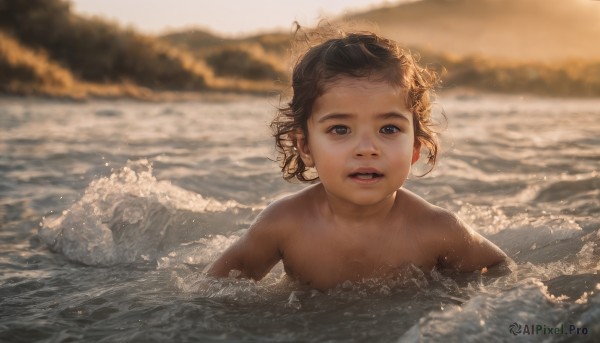 1girl,solo,looking at viewer,open mouth,blue eyes,brown hair,black hair,upper body,nude,outdoors,parted lips,teeth,water,blurry,black eyes,lips,wet,depth of field,blurry background,ocean,child,partially submerged,rock,realistic,waves,swimming,short hair,splashing