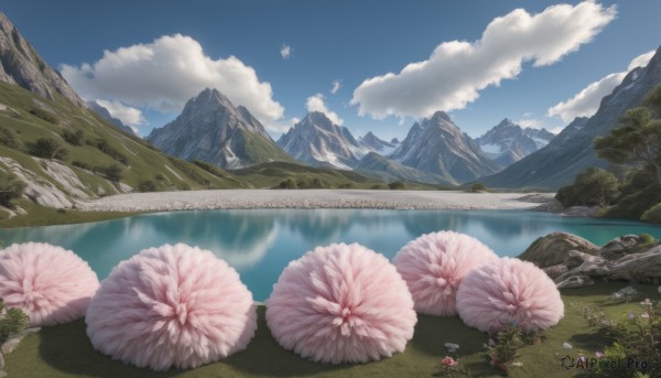 flower,outdoors,sky,day,cloud,water,tree,blue sky,no humans,cloudy sky,grass,nature,scenery,reflection,rock,mountain,river,landscape,mountainous horizon,lake,cherry blossoms,pink flower,reflective water