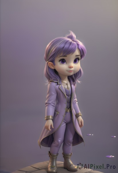 1girl,solo,long hair,smile,shirt,long sleeves,jewelry,closed mouth,standing,purple eyes,full body,purple hair,boots,pants,artist name,medium hair,necklace,vest,lips,coat,brown footwear,open coat,purple pants,short hair,chibi,watermark,web address,pendant,faux figurine