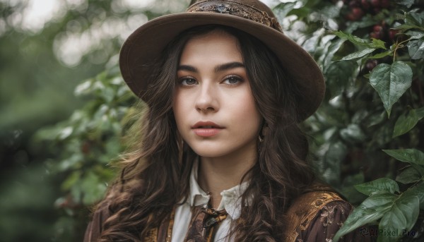 1girl,solo,long hair,brown hair,shirt,black hair,hat,brown eyes,jewelry,closed mouth,jacket,white shirt,upper body,earrings,outdoors,necktie,day,collared shirt,blurry,black eyes,lips,looking to the side,depth of field,blurry background,leaf,wavy hair,looking away,plant,portrait,freckles,realistic,nose,brown headwear,brown necktie,looking at viewer,parted lips,nature