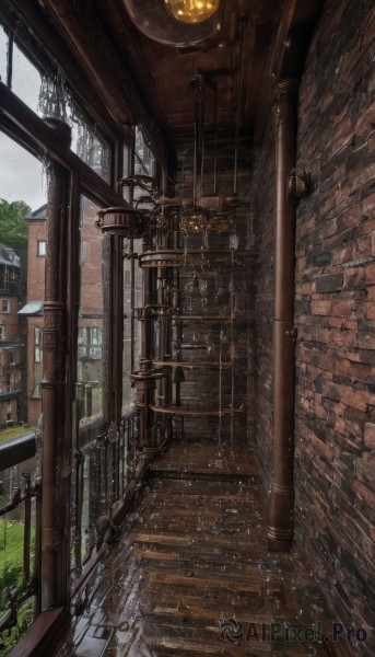 outdoors,sky,day,signature,tree,dutch angle,no humans,window,grass,plant,building,scenery,rain,stairs,railing,road,architecture,bridge,lamppost,railroad tracks,cloud,indoors,door,lamp,brick wall,pavement