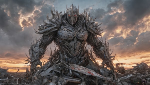 looking at viewer,red eyes,1boy,holding,standing,weapon,male focus,outdoors,multiple boys,sky,solo focus,sword,cloud,holding weapon,armor,blood,glowing,holding sword,helmet,cloudy sky,shoulder armor,gauntlets,glowing eyes,spikes,dual wielding,pauldrons,breastplate,multiple others,knight,full armor,death,blood on weapon,corpse,scenery,army