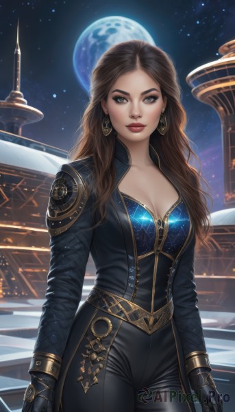 1girl,solo,long hair,breasts,looking at viewer,blue eyes,brown hair,gloves,long sleeves,cleavage,brown eyes,jewelry,medium breasts,standing,cowboy shot,earrings,sky,black gloves,pants,artist name,mole,lips,bodysuit,makeup,night,black pants,moon,lipstick,star (sky),night sky,full moon,eyeshadow,starry sky,gold trim,mole on breast,hoop earrings,red lips,eyeliner,space,leather,planet,collarbone,grey eyes,ring,thick eyebrows,forehead,realistic,nose,earth (planet)