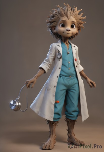 solo,looking at viewer,smile,simple background,shirt,1boy,brown eyes,standing,full body,male focus,barefoot,pants,blue shirt,claws,furry,brown background,labcoat,furry male,stethoscope,doctor,digitigrade,brown hair,watermark,monster girl,monster boy