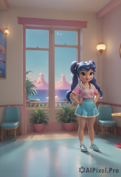 1girl,solo,long hair,looking at viewer,smile,open mouth,bangs,blue eyes,skirt,shirt,hair ornament,ribbon,twintails,blue hair,standing,collarbone,full body,short sleeves,sky,shoes,shorts,teeth,solo focus,day,socks,indoors,water,hair bun,black eyes,lips,blue skirt,window,double bun,shadow,ocean,chair,table,suspenders,plant,white socks,child,mary janes,pink shirt,hands on hips,blue footwear,suspender skirt,female child,potted plant,lamp,sneakers,lantern,nose,silhouette,stool,paper lantern