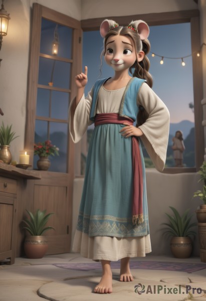 1girl,solo,long hair,looking at viewer,smile,brown hair,shirt,hair ornament,long sleeves,dress,animal ears,brown eyes,closed mouth,standing,full body,white shirt,ponytail,flower,sky,barefoot,solo focus,indoors,hand up,wide sleeves,black eyes,hand on hip,sash,window,toes,night,blue dress,plant,pointing,index finger raised,furry,toenails,mouse ears,furry female,potted plant,lamp,mouse girl,carpet,multiple girls,skirt,2girls,collarbone,tail,teeth,day,flat chest,looking away,red flower,long skirt,robe,candle,mouse tail,vase