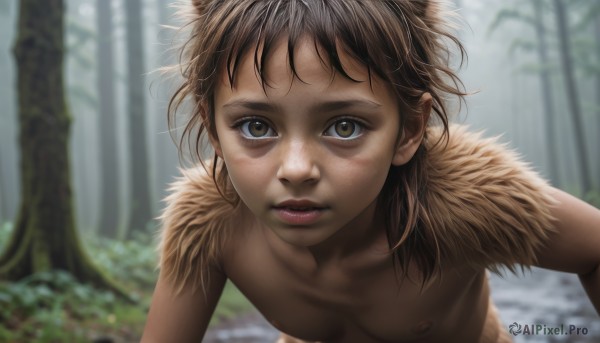 1girl,solo,long hair,breasts,looking at viewer,brown hair,brown eyes,closed mouth,nipples,collarbone,upper body,nude,small breasts,outdoors,parted lips,day,blurry,tree,lips,leaning forward,depth of field,blurry background,nature,forest,freckles,realistic,nose,fur,pelt,short hair,bangs,1boy,male focus,teeth,eyelashes,messy hair,close-up