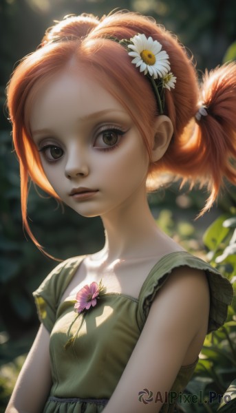 1girl,solo,breasts,looking at viewer,short hair,hair ornament,dress,brown eyes,closed mouth,collarbone,upper body,flower,hairband,small breasts,outdoors,sleeveless,hair flower,orange hair,blurry,lips,depth of field,blurry background,leaf,plant,green dress,realistic,nose,daisy,twintails,red hair,eyelashes,sunlight,nature,freckles