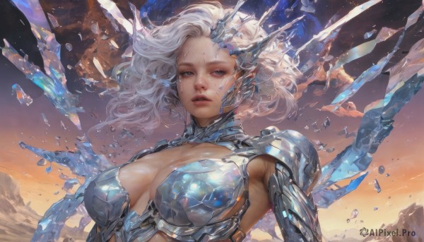 1girl,solo,long hair,breasts,looking at viewer,blue eyes,large breasts,cleavage,medium breasts,upper body,white hair,outdoors,parted lips,sky,artist name,armor,lips,grey eyes,clothing cutout,floating hair,headgear,facial mark,cleavage cutout,shoulder armor,ice,crystal,realistic,nose,bikini armor,debris,shards,short hair,wings,shiny,wind,science fiction,cyborg