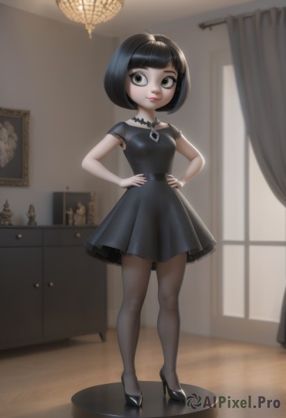 1girl,solo,breasts,looking at viewer,short hair,bangs,black hair,dress,jewelry,closed mouth,standing,full body,short sleeves,pantyhose,small breasts,shoes,shiny,artist name,indoors,signature,blunt bangs,necklace,nail polish,black footwear,black eyes,black dress,high heels,shiny hair,lips,black pantyhose,eyelashes,window,makeup,short dress,bob cut,curtains,hands on hips,smile,green eyes,lipstick,child,red lips,female child,lamp,chandelier