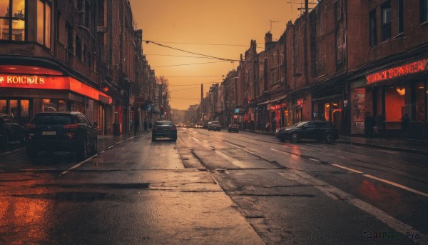 outdoors,sky,cloud,no humans,ground vehicle,building,scenery,motor vehicle,sunset,city,sign,car,road,cityscape,power lines,lamppost,street,utility pole,evening,road sign,orange sky,dusk,traffic light,crosswalk,real world location,vanishing point,english text,tree,window,twilight,red sky