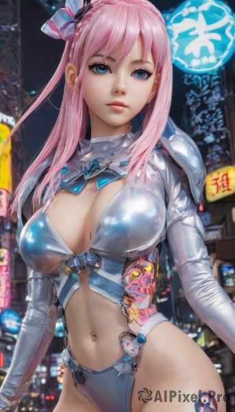 1girl,solo,long hair,breasts,looking at viewer,bangs,blue eyes,large breasts,hair ornament,navel,cleavage,closed mouth,standing,pink hair,cowboy shot,outdoors,midriff,armor,blurry,leotard,lips,clothing cutout,makeup,night,blurry background,highleg,shoulder armor,realistic,blue leotard,bikini armor,braid,thighs,shiny,cyberpunk