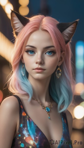 1girl,solo,long hair,breasts,looking at viewer,bangs,blue eyes,dress,animal ears,cleavage,bare shoulders,jewelry,medium breasts,closed mouth,blue hair,collarbone,upper body,pink hair,multicolored hair,earrings,sleeveless,artist name,cat ears,necklace,blurry,two-tone hair,lips,animal ear fluff,eyelashes,aqua hair,gradient hair,makeup,depth of field,blurry background,gem,forehead,pendant,eyeshadow,freckles,realistic,nose,bokeh,mascara,black dress,sleeveless dress,blue dress