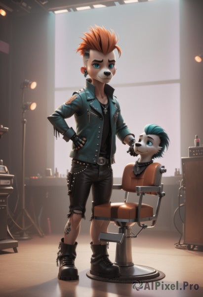 smile,short hair,blue eyes,gloves,1boy,jewelry,blue hair,jacket,full body,male focus,red hair,multicolored hair,earrings,boots,multiple boys,shorts,belt,2boys,fingerless gloves,necklace,orange hair,torn clothes,chain,robot,bandaid,furry,joints,furry male,leather,cyborg,torn pants,leather jacket,mohawk,cyberpunk,solo,looking at viewer,brown hair,shirt,animal ears,standing,open clothes,black gloves,pants,indoors,black footwear,open jacket,hand on hip,black shirt,window,tattoo,chair,black pants,piercing,stuffed toy,ear piercing,black nails,zipper,undercut