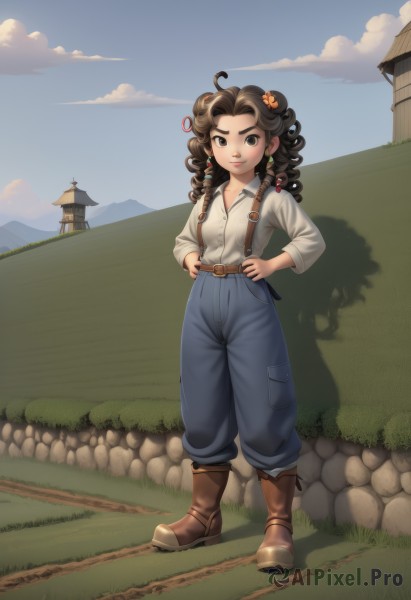 1girl,solo,long hair,breasts,looking at viewer,smile,brown hair,shirt,hair ornament,long sleeves,brown eyes,jewelry,closed mouth,standing,full body,white shirt,flower,ahoge,earrings,small breasts,boots,outdoors,sky,day,collared shirt,belt,pants,artist name,cloud,signature,hair flower,black eyes,blue sky,lips,shadow,brown footwear,thick eyebrows,suspenders,cloudy sky,grass,denim,curly hair,hands on hips,mountain,blue pants,brown belt,overalls,house,bangs,black hair,collarbone,medium hair,bag,dress shirt,backpack,building,child,shirt tucked in,food-themed hair ornament,road,wall,grey pants,architecture,east asian architecture,high-waist pants,stone wall