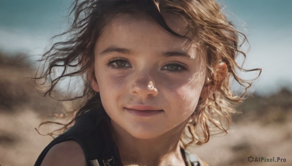 1girl,solo,looking at viewer,smile,short hair,brown hair,brown eyes,closed mouth,outdoors,sky,day,artist name,mole,blurry,lips,floating hair,depth of field,blurry background,wind,messy hair,portrait,freckles,realistic,long hair,blonde hair,jewelry,blue sky,eyelashes,close-up,nose,dirty,dirty face,mole on neck,mole on cheek