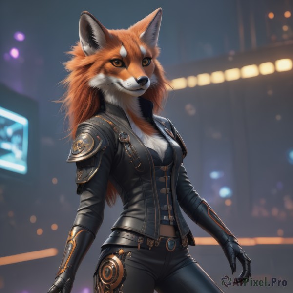 1girl,solo,long hair,breasts,looking at viewer,smile,gloves,long sleeves,animal ears,cleavage,brown eyes,medium breasts,standing,jacket,tail,cowboy shot,outdoors,belt,pants,artist name,orange hair,armor,blurry,open jacket,black jacket,orange eyes,fox ears,night,blurry background,fox tail,black pants,fox girl,gauntlets,claws,furry,furry female,mechanical arms,leather,single mechanical arm,fox,snout,city lights,orange fur,realistic,leather jacket