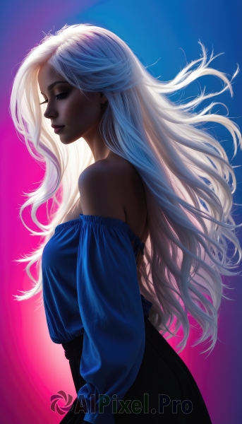 1girl,solo,long hair,breasts,skirt,shirt,long sleeves,bare shoulders,medium breasts,closed mouth,standing,closed eyes,white hair,cowboy shot,pants,artist name,dark skin,black skirt,off shoulder,from side,dark-skinned female,lips,gradient,gradient background,eyelashes,profile,makeup,floating hair,pink background,blue shirt,eyeshadow,backlighting,nose,off-shoulder shirt,looking at viewer,blue eyes,dress,very long hair,signature,blue background,realistic