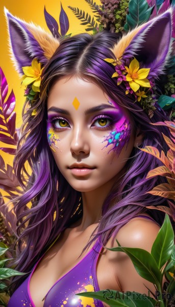 1girl,solo,long hair,breasts,looking at viewer,smile,black hair,hair ornament,animal ears,cleavage,bare shoulders,medium breasts,closed mouth,swimsuit,yellow eyes,upper body,purple hair,flower,bikini,multicolored hair,artist name,cat ears,signature,hair flower,lips,animal ear fluff,fox ears,eyelashes,makeup,leaf,watermark,facial mark,thick eyebrows,plant,lipstick,portrait,yellow background,web address,eyeshadow,pink lips,realistic,yellow flower,nose,eyeliner,facepaint,mascara,brown eyes