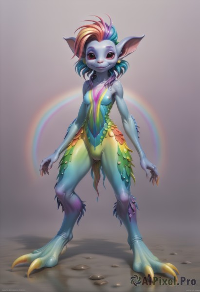 1girl,solo,breasts,looking at viewer,smile,red eyes,navel,animal ears,medium breasts,standing,full body,nude,multicolored hair,small breasts,artist name,signature,grey background,colored skin,watermark,monster girl,web address,claws,furry,legs apart,blue skin,furry female,green skin,rainbow,multicolored skin,fewer digits,furrification,digitigrade,rainbow hair,jewelry,nipples,blue hair,tail,pink hair,purple hair,earrings,parted lips,teeth,medium hair,black eyes,two-tone hair,:3,colored sclera,pink skin,yellow skin