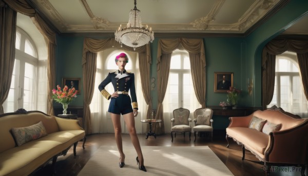 1girl,solo,long hair,breasts,looking at viewer,short hair,skirt,brown hair,long sleeves,hat,standing,jacket,full body,flower,pantyhose,day,belt,indoors,miniskirt,black skirt,black footwear,uniform,high heels,hand on hip,pillow,book,military,window,bed,military uniform,buttons,chair,table,sunlight,curtains,blue jacket,scenery,couch,pink flower,pencil skirt,brown pantyhose,clock,double-breasted,lamp,photo (object),wide shot,vase,picture frame,painting (object),picture (object),blue eyes,hair ornament,shoes,beret,epaulettes,candle,carpet,rug,chandelier,fireplace