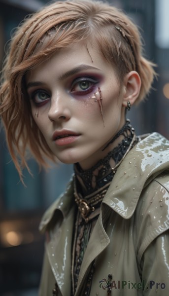 1girl,solo,looking at viewer,short hair,blonde hair,jewelry,green eyes,jacket,upper body,earrings,parted lips,choker,artist name,necklace,blurry,lips,wet,eyelashes,makeup,depth of field,blurry background,piercing,ear piercing,portrait,eyeshadow,freckles,asymmetrical hair,realistic,nose,eyeliner,mascara,eyebrow piercing,shirt,watermark,web address,rain,bokeh