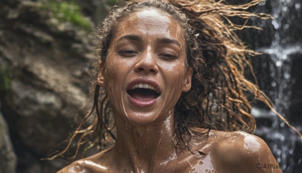 1girl,solo,long hair,open mouth,brown hair,closed eyes,nude,teeth,dark skin,water,blurry,dark-skinned female,lips,wet,blurry background,upper teeth only,half-closed eyes,portrait,facing viewer,realistic,wet hair,very dark skin,dreadlocks,looking at viewer,smile,1boy,collarbone,male focus,tongue,black eyes