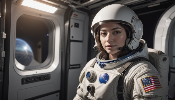 1girl,solo,looking at viewer,smile,brown hair,brown eyes,closed mouth,upper body,lips,helmet,science fiction,realistic,nose,space,planet,earth (planet),american flag,spacecraft,spacesuit,pilot,space helmet,astronaut,indoors,blurry,moon,backpack,headset,reflection,flag,japanese flag,united states,american flag print