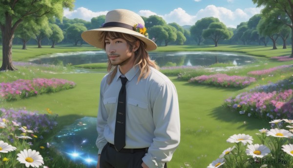 solo,long hair,looking at viewer,smile,open mouth,brown hair,shirt,long sleeves,1boy,hat,brown eyes,standing,white shirt,flower,male focus,outdoors,one eye closed,necktie,sky,day,collared shirt,belt,pants,cloud,water,tree,blue sky,facial hair,black pants,cloudy sky,grass,white flower,nature,scenery,black necktie,beard,pink flower,pocket,realistic,yellow flower,hands in pockets,purple flower,straw hat,hat flower,shirt tucked in,breast pocket,field,river,pond,bangs,medium hair,lips,sparkle,dress shirt,sunlight,wing collar,reflection,sun hat,stubble,road,lake,daisy