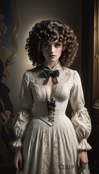 1girl,solo,long hair,breasts,looking at viewer,brown hair,black hair,long sleeves,dress,bow,cleavage,brown eyes,medium breasts,standing,small breasts,parted lips,puffy sleeves,bowtie,white dress,black eyes,lips,black bow,drill hair,curly hair,black bowtie,mirror,realistic,nose,big hair,afro,short hair,bangs,closed mouth,frills,cleavage cutout,corset,lolita fashion,straight-on