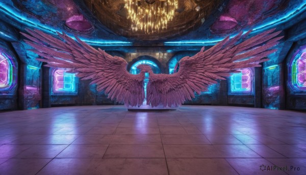 wings,indoors,no humans,window,scenery,feathered wings,fantasy,tiles,light,tile floor,pillar,stained glass,neon lights,1girl,solo,reflection,science fiction,angel wings,angel,multiple wings