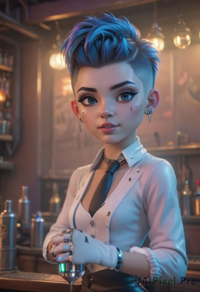 1girl,solo,breasts,looking at viewer,short hair,blue eyes,skirt,shirt,gloves,long sleeves,holding,jewelry,blue hair,white shirt,upper body,multicolored hair,earrings,small breasts,parted lips,necktie,teeth,choker,collared shirt,indoors,fingerless gloves,nail polish,mole,blurry,collar,bracelet,two-tone hair,cup,lips,eyelashes,mole under eye,dress shirt,makeup,buttons,depth of field,blurry background,facial mark,piercing,ring,bottle,lipstick,ear piercing,black nails,black necktie,alcohol,sleeves rolled up,eyeshadow,drinking glass,blue nails,freckles,asymmetrical hair,watch,nose,wristwatch,eyeliner,very short hair,undercut,mascara,bar (place),open clothes,artist name,vest,tattoo,thick eyebrows,unbuttoned,mohawk,eyebrow piercing