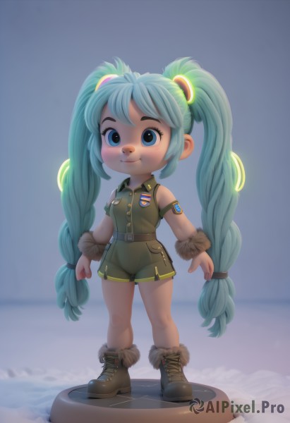 hatsune miku,1girl,solo,long hair,looking at viewer,blush,smile,blue eyes,hair ornament,twintails,very long hair,blue hair,standing,full body,braid,boots,shorts,sleeveless,belt,chibi,uniform,aqua eyes,military,aqua hair,brown footwear,holding hair,green shorts,faux figurine,green hair,twin braids,military uniform,short jumpsuit