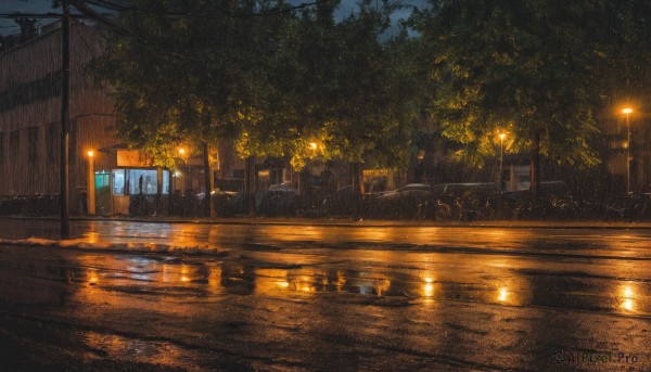 outdoors,sky,artist name,water,tree,no humans,window,night,watermark,plant,ground vehicle,building,star (sky),night sky,scenery,reflection,city,light,road,bench,bush,power lines,lamppost,street,puddle,reflective water,cloud,motor vehicle,rain,sign,car,dark,utility pole,road sign,pavement