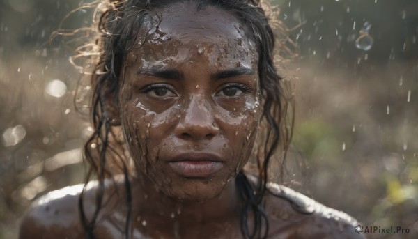 1girl,solo,long hair,looking at viewer,brown hair,black hair,brown eyes,closed mouth,collarbone,outdoors,parted lips,dark skin,water,blurry,black eyes,dark-skinned female,lips,wet,depth of field,blurry background,thick eyebrows,portrait,rain,water drop,realistic,nose,wet hair,straight-on,very dark skin,1boy,male focus,facial hair,messy hair