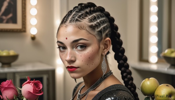 1girl,solo,long hair,looking at viewer,black hair,dress,brown eyes,jewelry,braid,flower,earrings,food,indoors,dark skin,necklace,blurry,twin braids,dark-skinned female,lips,makeup,fruit,depth of field,blurry background,rose,facial mark,lipstick,portrait,freckles,realistic,nose,apple,red lips,multiple braids,pink flower,forehead mark,pink rose,vase