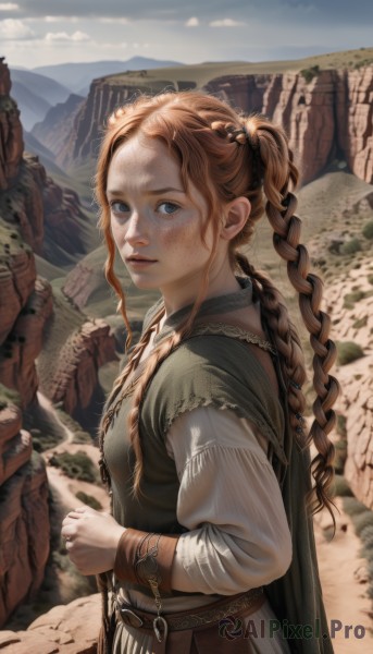 1girl,solo,long hair,looking at viewer,blue eyes,brown hair,long sleeves,dress,twintails,jewelry,closed mouth,standing,upper body,braid,outdoors,parted lips,sky,day,belt,cloud,cape,twin braids,bracelet,from side,lips,looking to the side,single braid,freckles,mountain,realistic,green cape,chain,sunlight,ring,multiple braids