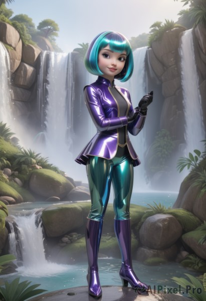 1girl,solo,breasts,looking at viewer,smile,short hair,bangs,blue eyes,gloves,long sleeves,medium breasts,closed mouth,blue hair,standing,purple eyes,jacket,full body,multicolored hair,boots,outdoors,green hair,open clothes,day,black gloves,shiny,pants,artist name,blunt bangs,water,high heels,shiny hair,two-tone hair,open jacket,tree,lips,wet,see-through,aqua hair,bodysuit,makeup,watermark,bob cut,knee boots,skin tight,zipper,high heel boots,shiny clothes,rock,adjusting clothes,purple jacket,leather,purple footwear,latex,river,waterfall,adjusting gloves,latex bodysuit,latex gloves,stream,brown eyes