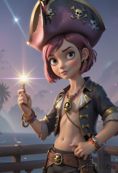 1girl,solo,breasts,looking at viewer,blush,smile,short hair,bangs,hat,navel,holding,brown eyes,jewelry,closed mouth,standing,collarbone,jacket,pink hair,cowboy shot,earrings,small breasts,outdoors,open clothes,sky,midriff,belt,pants,necklace,stomach,nail polish,flat chest,bracelet,open jacket,tree,lips,black jacket,hand on hip,eyelashes,open shirt,no bra,night,swept bangs,chain,ocean,black pants,thick eyebrows,star (sky),night sky,buckle,lens flare,pendant,sleeves rolled up,starry sky,backlighting,freckles,cropped jacket,skull,belt buckle,glint,nose,palm tree,railing,bangle,brown belt,fireworks,pirate hat,no shirt,pirate,skull and crossbones,skull print,weapon