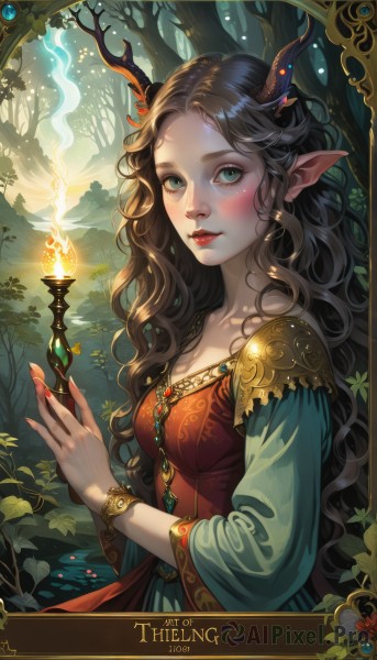 1girl,solo,long hair,breasts,looking at viewer,blush,blue eyes,brown hair,black hair,long sleeves,dress,cleavage,jewelry,medium breasts,closed mouth,green eyes,upper body,earrings,outdoors,parted lips,horns,pointy ears,artist name,wide sleeves,nail polish,bracelet,from side,tree,lips,fingernails,eyelashes,makeup,copyright name,leaf,watermark,wavy hair,red dress,fire,plant,lipstick,elf,gem,nature,red nails,forest,freckles,long fingernails,fantasy,red lips,candle,antlers,flame,deer ears,collarbone,necklace,dated,aqua eyes,sunlight,curly hair,green dress,nose,branch