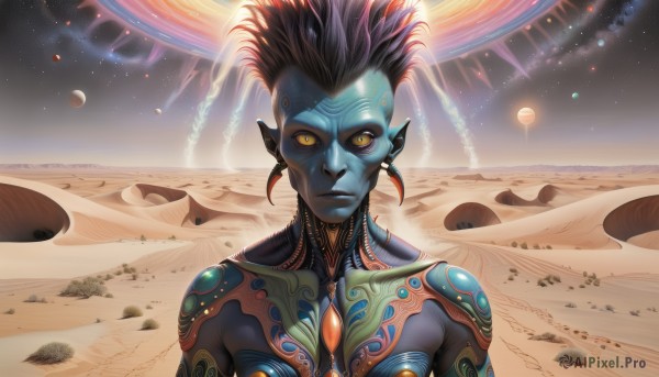 1girl,solo,looking at viewer,short hair,black hair,1boy,jewelry,closed mouth,yellow eyes,upper body,male focus,earrings,sky,pointy ears,tattoo,glowing,colored skin,facial mark,star (sky),starry sky,colored sclera,science fiction,fantasy,sand,blue skin,space,planet,alien,black skin,earth (planet),desert,full-body tattoo,outdoors,spiked hair,realistic,green skin,yellow sclera,spacecraft,mohawk,cyberpunk