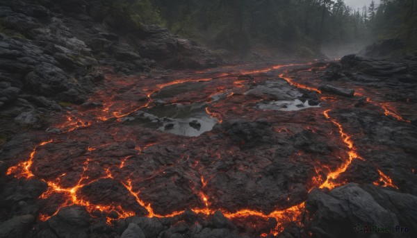 outdoors, tree, no humans, fire, nature, scenery, forest, rock, landscape, molten rock