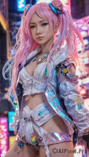 1girl,solo,long hair,breasts,looking at viewer,bangs,hair ornament,long sleeves,navel,cleavage,twintails,jewelry,medium breasts,closed mouth,underwear,purple eyes,jacket,pink hair,multicolored hair,cowboy shot,open clothes,shorts,midriff,dark skin,pink eyes,necklace,hair bun,blurry,open jacket,dark-skinned female,lips,crop top,double bun,no panties,blurry background,white jacket,realistic,nose,standing,bikini,outdoors,parted bangs,badge,neon lights