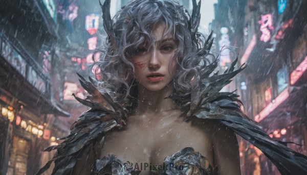 1girl,solo,long hair,breasts,looking at viewer,bangs,large breasts,hair ornament,cleavage,hair between eyes,medium breasts,collarbone,upper body,grey hair,outdoors,parted lips,teeth,cape,armor,blurry,black eyes,lips,wet,strapless,blood,night,depth of field,blurry background,wavy hair,scar,feathers,building,rain,curly hair,blood on face,city,realistic,red lips,wet hair,feather hair ornament,bare shoulders,grey eyes,lantern