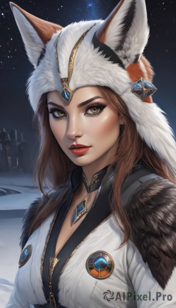 1girl,solo,long hair,breasts,looking at viewer,brown hair,hat,animal ears,cleavage,brown eyes,jewelry,medium breasts,yellow eyes,upper body,outdoors,sky,choker,artist name,necklace,lips,coat,fur trim,fox ears,eyelashes,makeup,night,lipstick,gem,star (sky),night sky,snow,pendant,eyeshadow,starry sky,snowing,nose,white coat,winter clothes,red lips,ears through headwear,fur hat,red gemstone,closed mouth,jacket,zipper